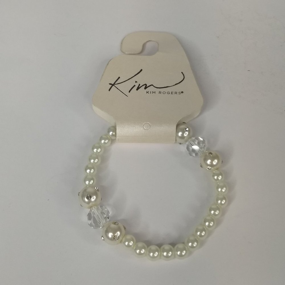 Kim Rogers White Beaded Bracelet Faux Pearl Rhinestones Faceted Beads Elastic